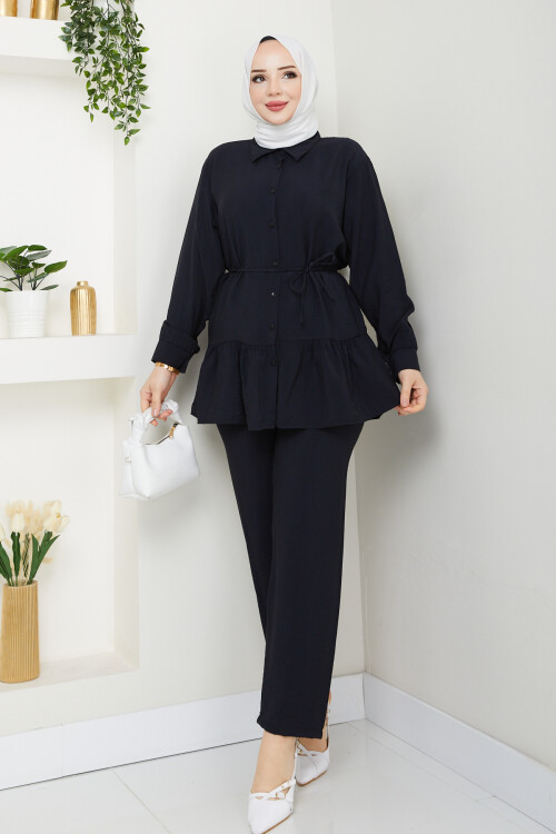 ETEK BÜZGÜ DETAY PANTOLONLU TAKIM- SİYAH
