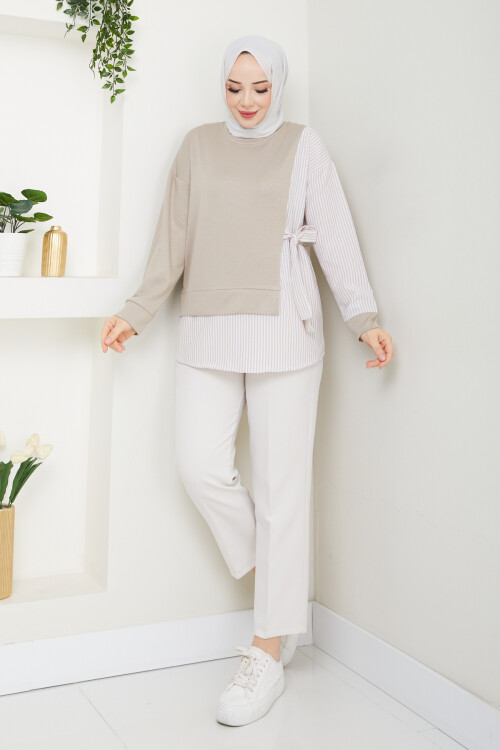 GARNİLİ BAĞLAMALI TUNİK-KREM