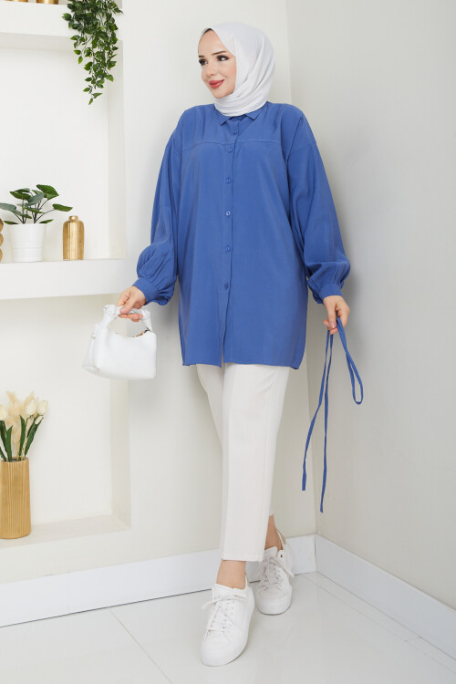 İP BAĞLAMALI MODAL GÖMLEK-İNDİGO