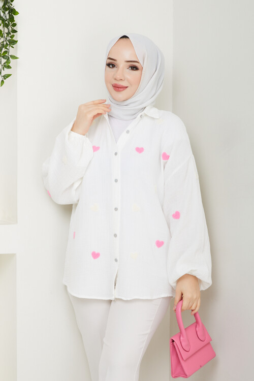 KALP NAKIŞLI MÜSLİN GÖMLEK-BEYAZ