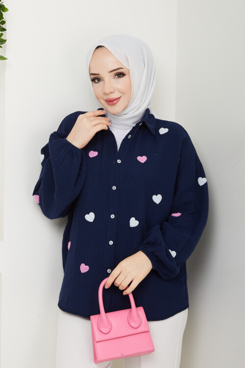 KALP NAKIŞLI MÜSLİN GÖMLEK-LACİVERT