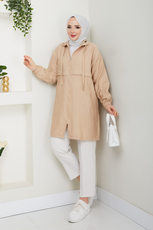 KAPŞONLU FERMUARLI KAP-KREM
