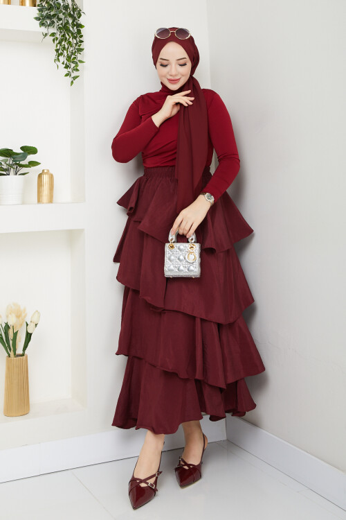 KAT KAT ETEK BÜZGÜLÜ BLUZ KOMBİN-BORDO