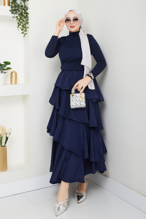 KAT KAT ETEK BÜZGÜLÜ BLUZ KOMBİN-LACİVERT