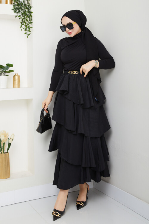 KAT KAT ETEK BÜZGÜLÜ BLUZ KOMBİN-SİYAH