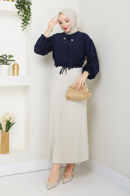 KELEBEK BROŞ BLUZ ETEK KOMBİN - LACİVERT