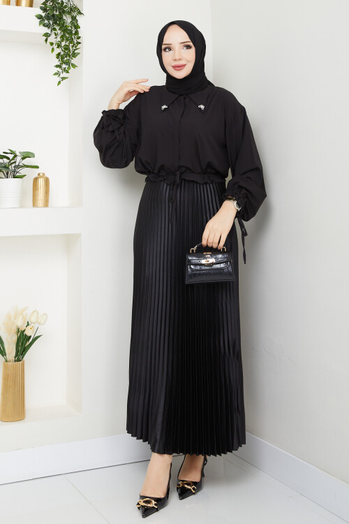 KELEBEK BROŞ BLUZ ETEK KOMBİN - SİYAH