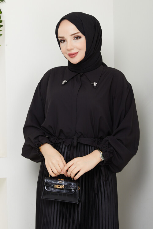 KELEBEK BROŞLU CROP BLUZ-SİYAH