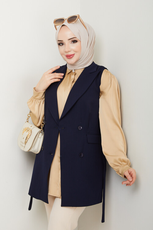 KEMERLİ DUBLE YELEK - LACİVERT