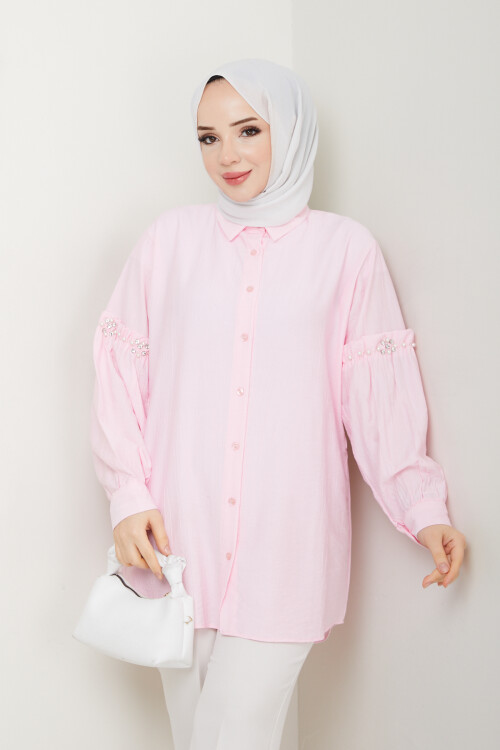 KOL İNCİ DETAYLI GÖMLEK-TOZ PEMBE
