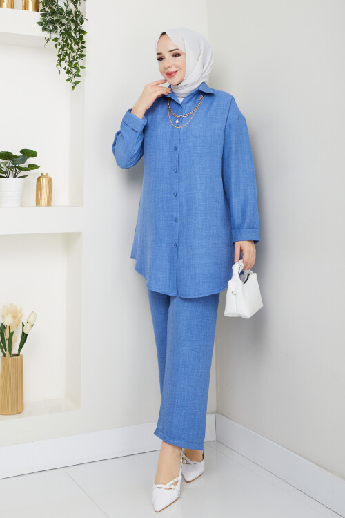 KOLYELİ KETEN TAKIM-MAVİ