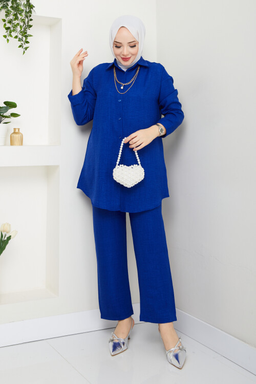 KOLYELİ KETEN TAKIM-SAKS MAVİ