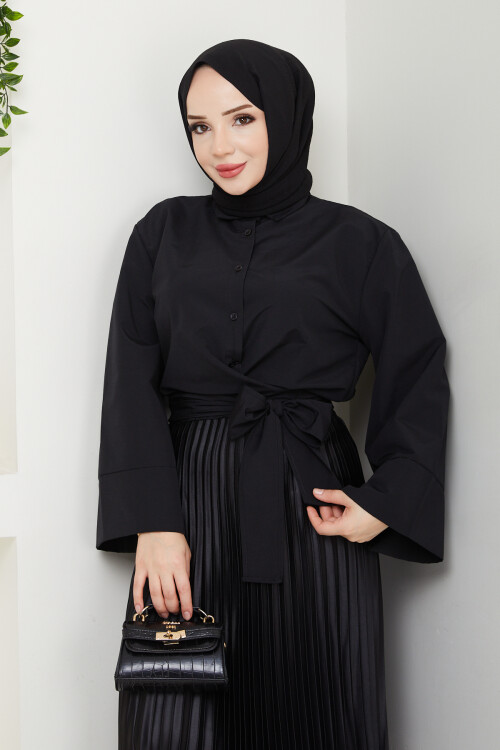 NRSY ÇAPRAZ BAĞLAMALI CROP GÖMLEK -SİYAH