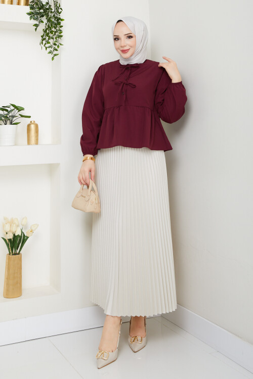 ÖN BAĞCIKLI BLUZ ETEK KOMBİN-BORDO