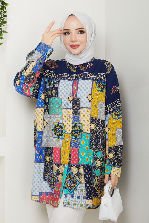 OVERSİZE KARIŞIK DESEN GÖMLEK-LACİVERT