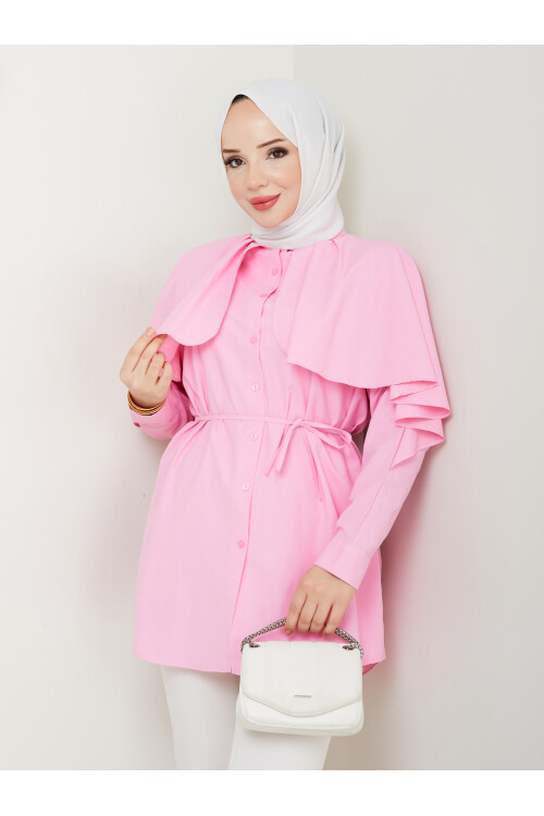 PELERİNLİ BAĞCIKLI GÖMLEK-PEMBE