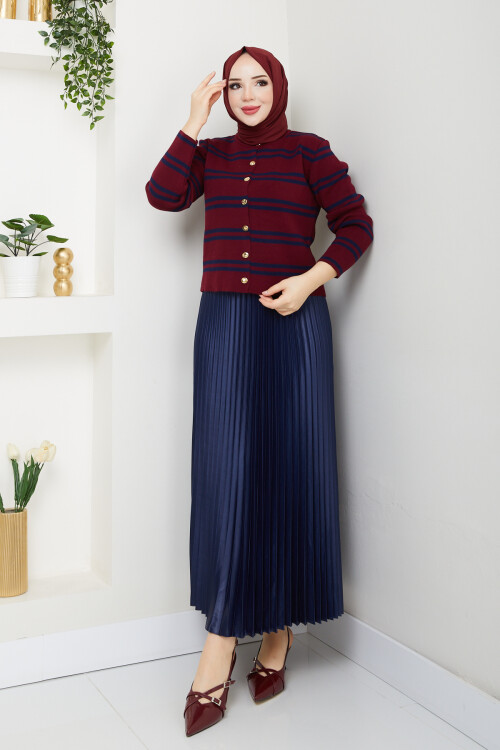 ŞERİT ÇİZGİLİ HIRKA KOMBİN - BORDO