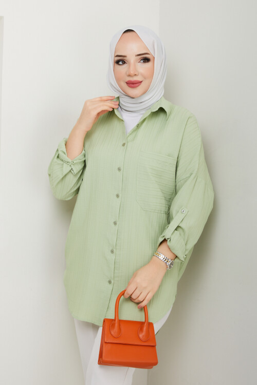 ŞERİT DETAY KOL KATLAMALI GÖMLEK-YEŞİL