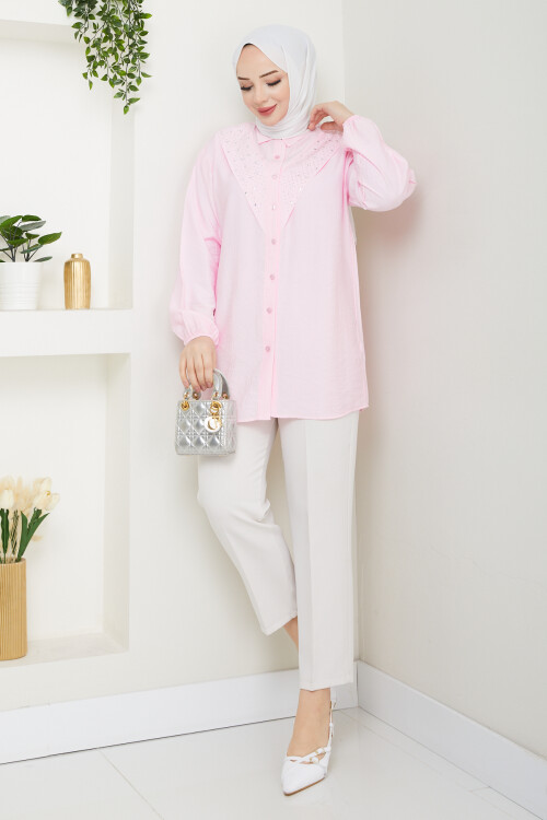V ROBALI TAŞ DETAY GÖMLEK - PEMBE