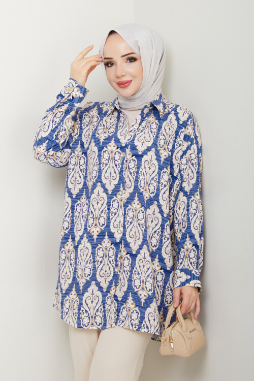 VİNTAGE DESEN GÖMLEK-MAVİ
