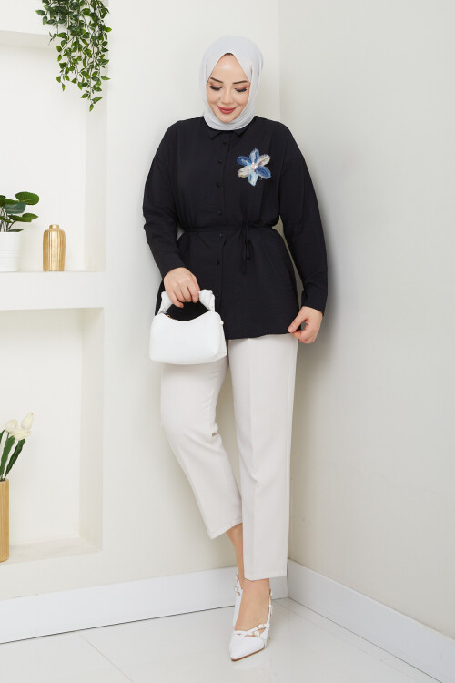 VİO ÇİÇEKLİ GÖMLEK-SİYAH