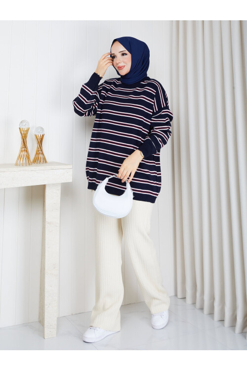 0304 Çizgili Oversize Triko Kazak – Lacivert