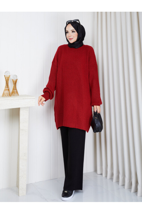 0901 Oversize Bisiklet Yaka Uzun Triko Kazak-Kırmızı