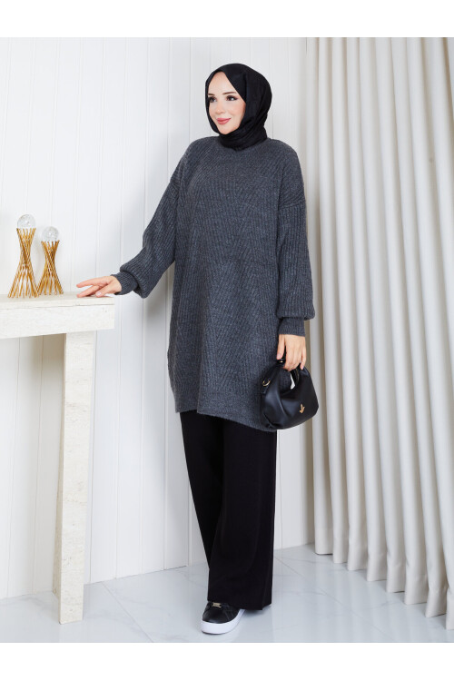 0902 Oversize Bisiklet Yaka Uzun Triko Kazak-Füme