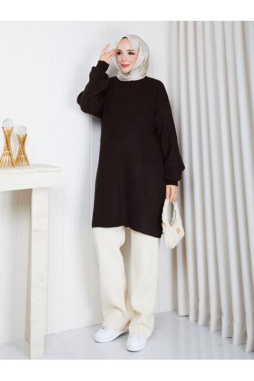 0903 Oversize Bisiklet Yaka Uzun Triko Kazak-Acıkahve