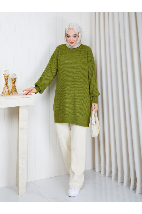 0904 Oversize Bisiklet Yaka Uzun Triko Kazak-Yağ yeşili
