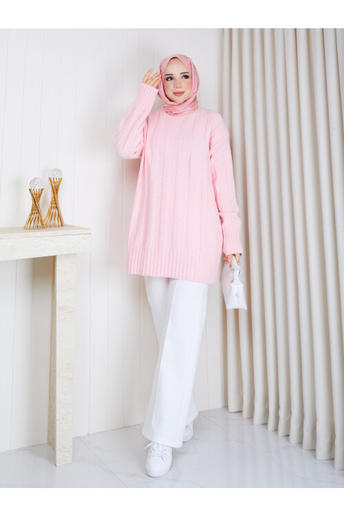 0953 Kalın Fitilli Bisiklet Yaka Triko Tunik –Pembe
