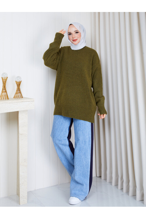 0966 Oversize Salaş Triko Kazak – Haki
