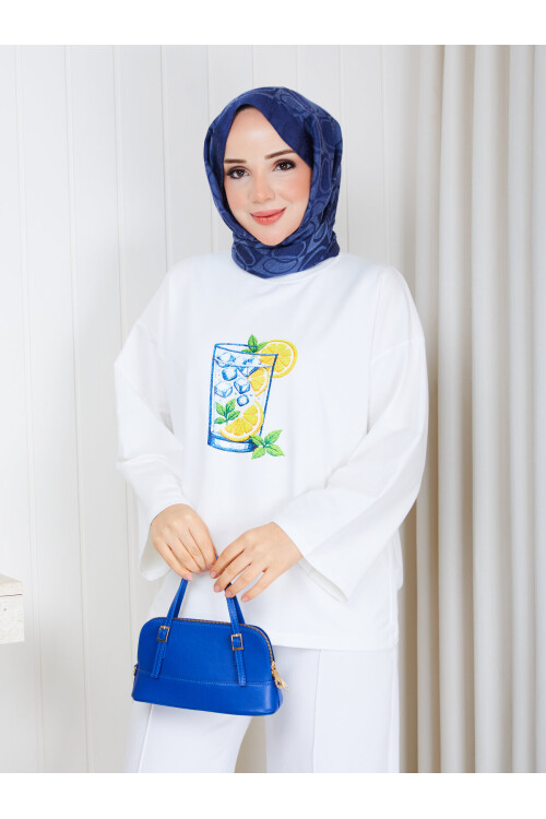 1013 Limon Baskılı İki İplik Oversize Sweatshirt – Beyaz