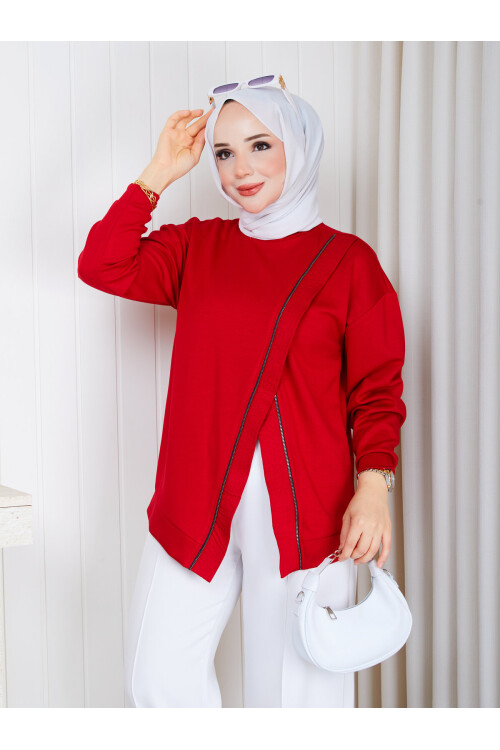 1112 Fermuar Detaylı Oversize Oysho sweat-Kırmızı