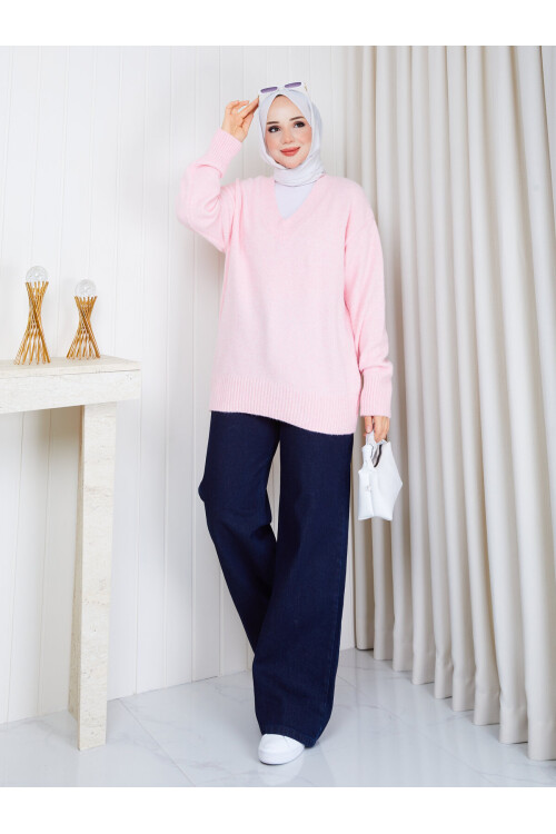 1234 V Yaka Basic Triko Kazak – Pudra Pembe