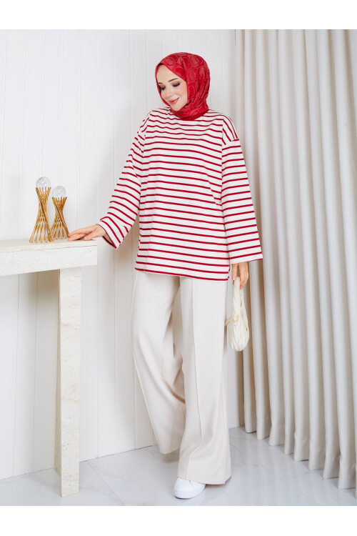 1302 Kırmızı Çizgili Oversize İki İplik Penye Sweatshirt