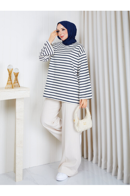 1303 Lacivert Çizgili Oversize İki İplik Penye Sweatshirt
