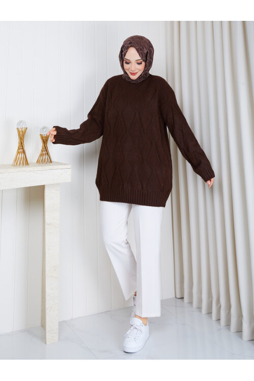 1329 Saç Örgü Desenli Oversize Triko Kazak – Çikolata Kahve