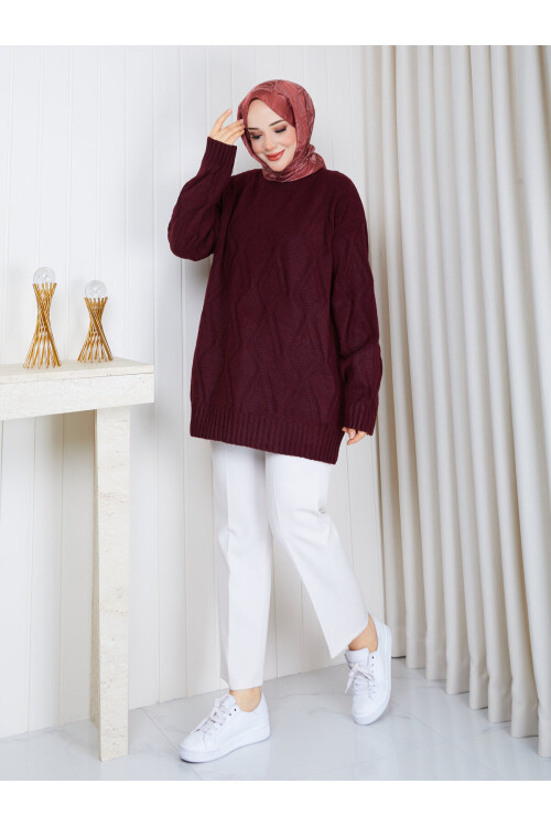 1330 Saç Örgü Desenli Oversize Triko Kazak – Bordo