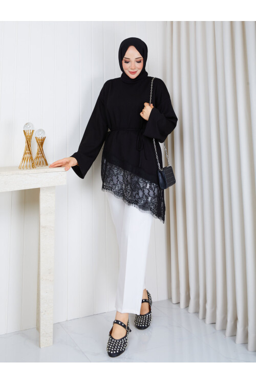 1401 Asimetrik Dantel Detaylı Kuşaklı Sweatshirt-Siyah