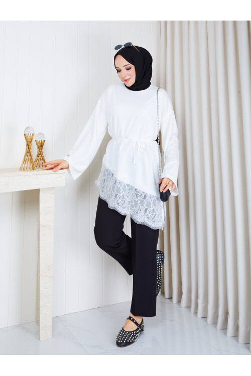 1402 Asimetrik Dantel Detaylı Kuşaklı Sweatshirt-Beyaz