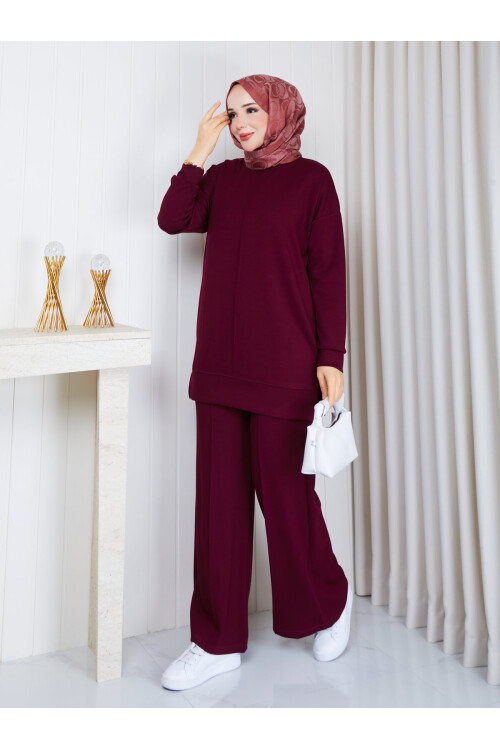 1701 Çımalı Detaylı Oysho Kumaş Takım-Bordo
