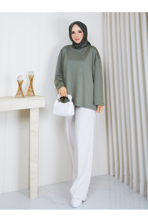 1904 Premium Oysho Kumaş Salaş Kesim Bisiklet Yaka Tunik – Haki