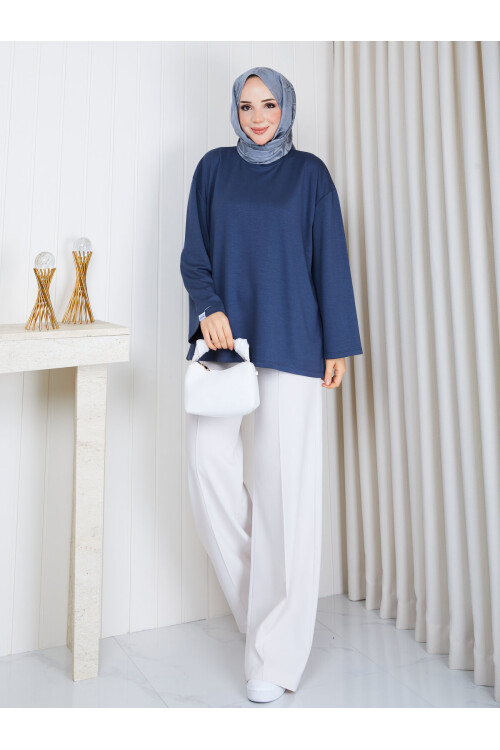 1905 Premium Oysho Kumaş Salaş Kesim Bisiklet Yaka Tunik – İndigo