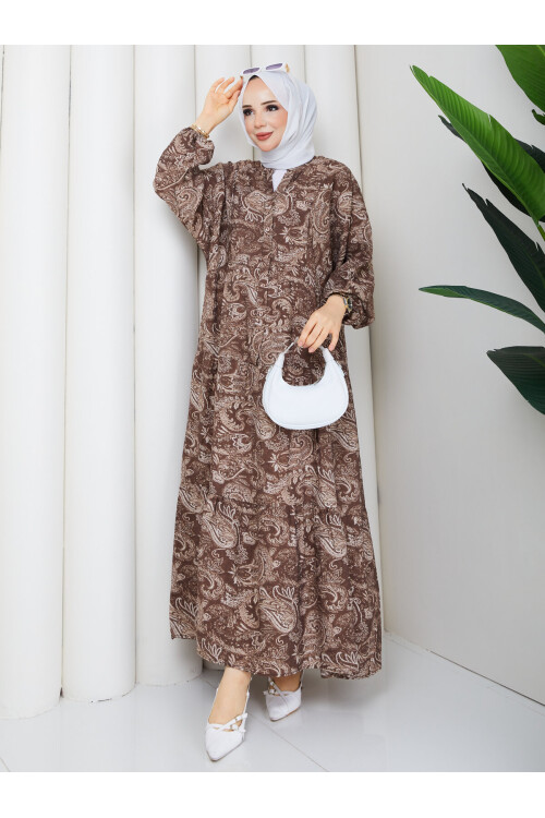 2398 Mango Desenli Salaş Elbise-Kahve