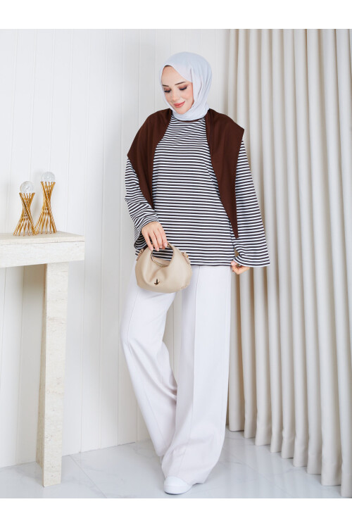 2828 Şal Detaylı Çizgili Oysho Kumaş Sweat – Kahve-Beyaz çizgili