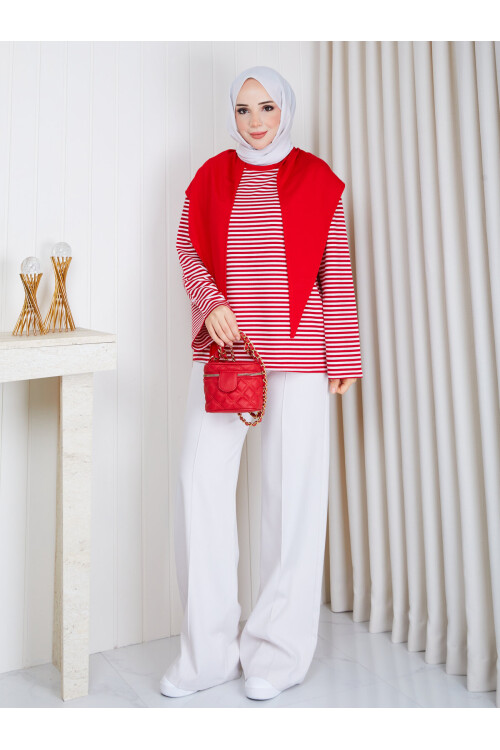 2828 Şal Detaylı Çizgili Oysho Kumaş Sweat – Kırmızı/Beyaz