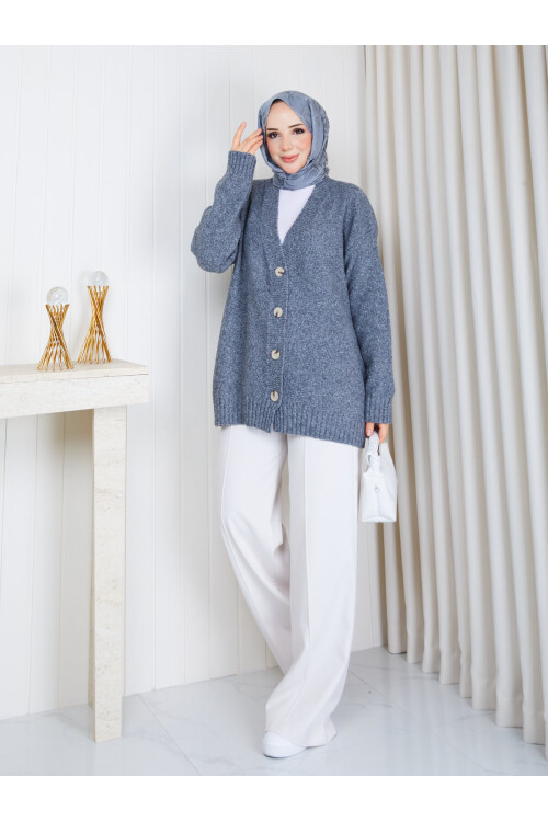 3002 Soft Touch Düğmeli Oversize Triko Hırka – Gri