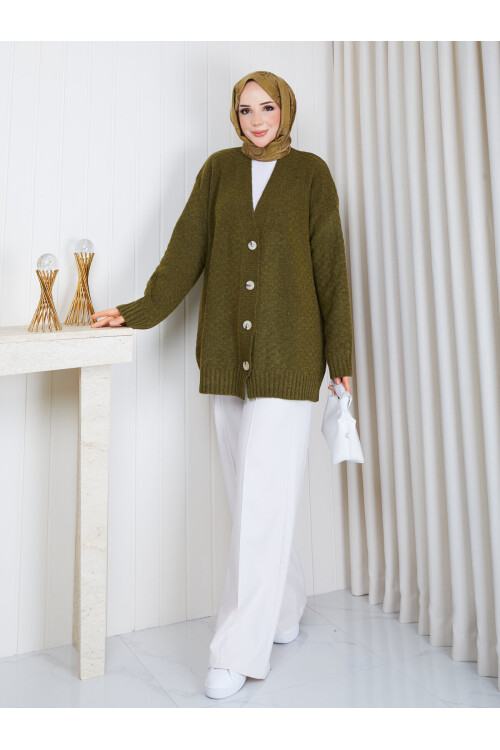 3003 Soft Touch Düğmeli Oversize Triko Hırka –Haki