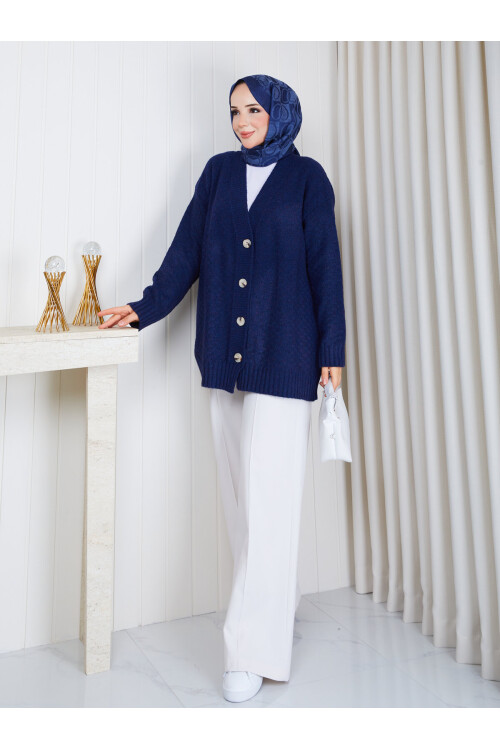 3004 Soft Touch Düğmeli Oversize Triko Hırka – Lacivert